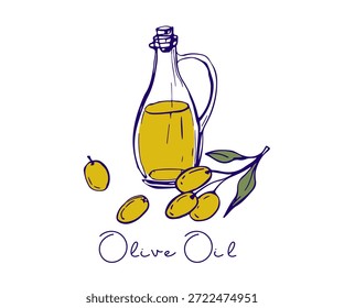 Azeite. Desenho de doodle de cor vetorial para dieta mediterrânea ou vegana. Garrafa de vidro com galhos de azeitona. Comida, natural cosméticos orgânicos ilustração para convites, rótulos, embalagem, emblema, adesivo