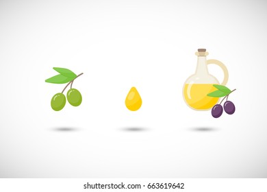 Olive oil vector flat icon set, Flat design of food, agriculture or industry symbol with round shadow, cute vector illustration with reflections