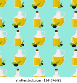 Olive oil vector glass bottle of premium virgin some olives with leaves seamless pattern health tree leaf branch fruit background illustration.