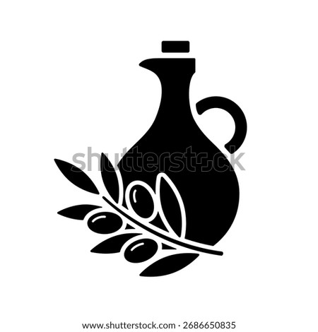 Olive oil vector icon with cruet and branch, black silhouette isolated on white. Glass decanter or jug and twig with olives and leaves of stencil style. Clipart sign for minimal design and logo.