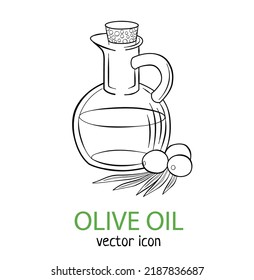 Icono del vector de aceite de oliva aislado en fondo blanco. Diseño de alimentos de estilo de arte lineal, ilustración de arte lineal en blanco y negro. Aceite vegetal orgánico en el frasco de vidrio con boceto de oscilación de aceitunas
