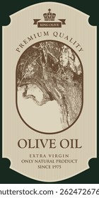 Design de rótulo vetorial de azeitona ou azeite com oliveira antiga em estilo retro. Adequado para design de embalagem, adesivo, banner. Nenhuma IA usada