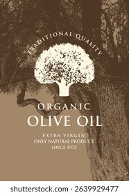 olive or olive oil vector label design. Old lonely olive tree with cracked bark in vintage style. Suitable for packaging design, sticker, banner. no ai used
