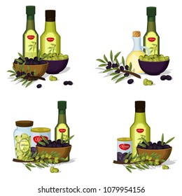 Olive oil vector products and decorations from olives branch healthy ingredient natural food fresh organic fruit illustration. Extra virgin bottle cuisine health plant. Diet beries fresh fruits.