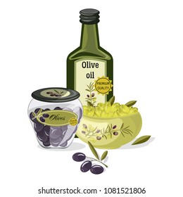 Olive oil vector products and decorations from olives branch healthy ingredient natural food fresh organic fruit illustration. Extra virgin bottle cuisine health plant. Diet berries fresh fruits.