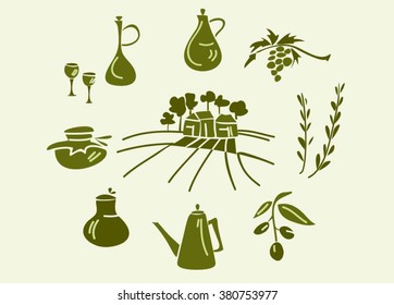 Olive oil  vector set. Hand drawn Olive oil set.  Set of Green Olive oil. Doodle olive oil  icons set  isolated, vector illustration.