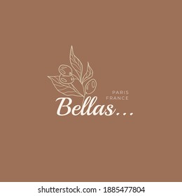 Vektor-Zeichen oder Logo-Vorlagen für Olivenöl. Retro Floral Illustration mit klassischer Typografie. Frauenlogo. Moderne Logo Vorlage für Florist, Fotograf, Modeblogger, Designstudio.