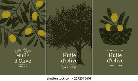 Olive oil vertical design templates. Vintage style. Olives with leaves set. Vector illustration 