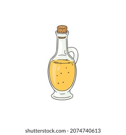 Olive oil in vintage glass bottle, hand drawn color vector illustration isolated on white background. Virgin olive oil for cooking and serving with Italian dishes.