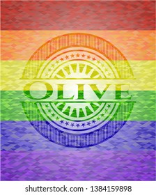 Olive on mosaic background with the colors of the LGBT flag