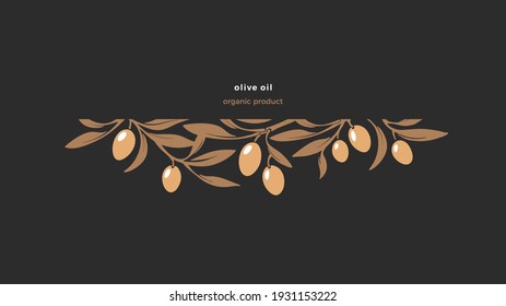 Olive ornate label, greek pattern. Vector composition with nature emblem. Simple leaves, golden fruit on black background. Organic oil. Graphic concept