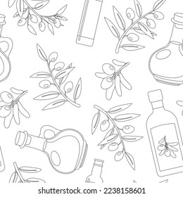Olive outline seamless pattern. Black and green olive tree branches, glass bottle and jug of oil, bowl, jar, and cans. Vector illustration isolated on background for healthy food or cooking concept