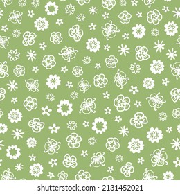 Olive pastel green doodled flowers seamless repeat pattern. Random placed, hand drawn vector botanical elements all over print.