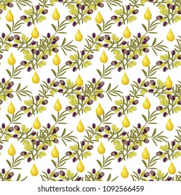 Olive pattern seamless background with olive leaves. Ideal for printing on fabric or paper. Vector illustration.Food green design natural plant organic oil decoration nature tree vegetable wallpaper.
