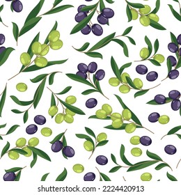 Olive pattern. Seamless background with olives on tree branch, cartoon floral print of mediterranean fruit for wrapping paper, textile, fabric. Vector texture of seamless olive background illustration