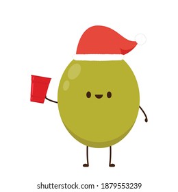 Olive pickled vector. Olive pickled character design. Santa hat. Red beer cup vector.