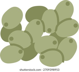 Olivenstapel mit spitzen Punkten, flachen Formen, sauberen Umrissen und glatter Schattierung. Gebrannter Obsthaufen, Samenlöcher, gewagte Kontur, grafischer Look, minimale Details, Cartoon-Vektorgrafik