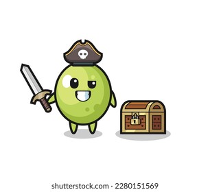 the olive pirate character holding sword beside a treasure box , cute style design for t shirt, sticker, logo element
