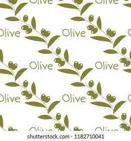 Olive. Plant. Branch, leaves, fruit. Green silhouette on white background. Wallpaper, texture, seamless.