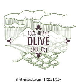 Olive plantation emblem with trees among mountains. Monochrome sketch outline of landscape with cloudy sky. Agricultural and rural surroundings, farming and growing vegetables, vector in flat