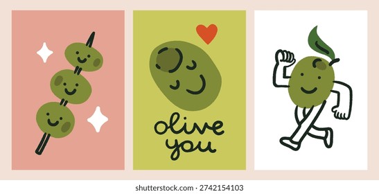 Olive posters in simple doodle style. Phrase Olive you, heart, Valentine. Olive funny character, walking, smiling olives. Modern sketch, scribble illustration. Cute olive faces art. Postcard, poster.