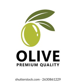 Logotipo de qualidade Olive Premium com uma azeitona verde com folhas, perfeito para a marca e comercialização de produtos relacionados com a azeitona.