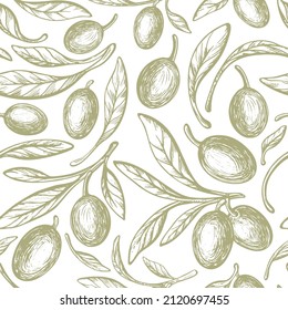 Olive print. Rustic leaves, green fruit. Vector sketch on white background. Oil organic food. Farm product