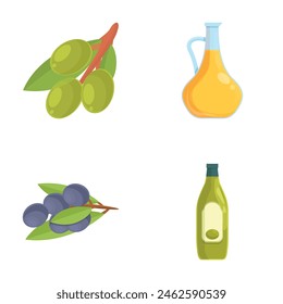 Olive product icons set cartoon vector. Olive oil and tree branch with fruit. Organic food