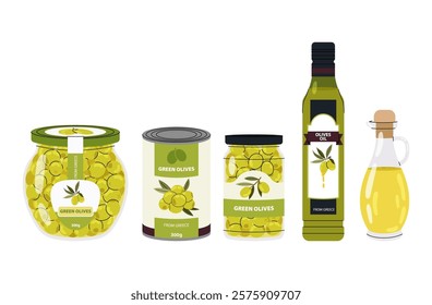 Olive product. Olive oil, fresh marinated olives in a jar, tincan of green olives. Ingredient for cooking. Traditional Greek snack.