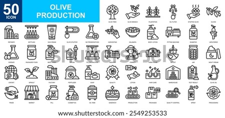 Olive Production icon collection set. Distribution, olive oil, harvest, manufacturing, marketing icon. Simple line vector.