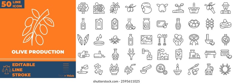Olive Production icon set. Containing budget, savings, expense,and more. Line vector icons collection.