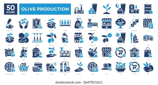 Olive Production icons collection set, including harvesting,processing,cosmetics,storage,and trade. Perfect for presentations,infographics,and industry-related designs.