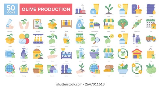 Olive Production icons collection set, including harvesting,processing,cosmetics,storage,and trade. Perfect for presentations,infographics,and industry-related designs.