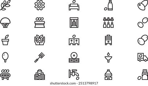 Olive production icons High-Quality Vector Icons Collection with Editable Stroke. Ideal for Professional and Creative Projects.