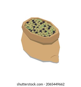 Olive production isometric composition with isolated image of fabric sack filled with olives vector illustration