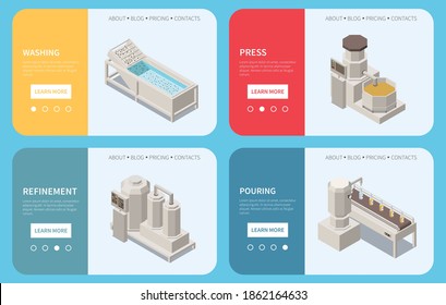 Olive production set of four horizontal banners with isometric images of factory equipment text and buttons vector illustration