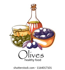 Olive products banner. Virgin olive oil, highest quality and most expensive ingredients for health and cooking. Vector flat style cartoon illustration isolated on white background
