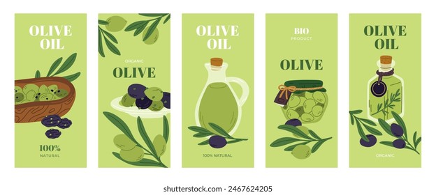 Olive products. Olive bottles. Pickled berries. Tree plant branches. Black and green fruit in glass jars. Food labels. Organic cosmetic component. Cooking ingredient