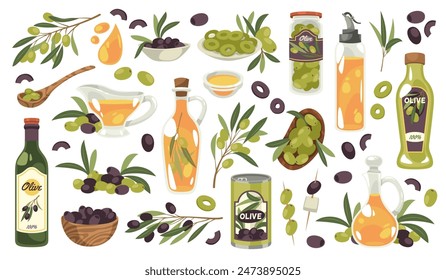 Olive products. Cartoon organic food, mediterranean plant, oil bottles, canned food jars, green and black olive on branches with leaves, natural healthy cooking ingredient, tidy vector set