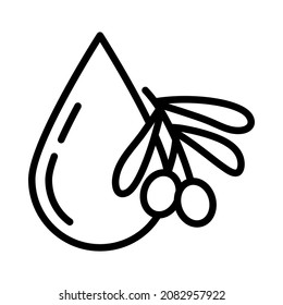Olive products flat line icon. Fresh tree fetuses and olive oil in bottles and jugs. Outline sign for mobile concept and web design, store.