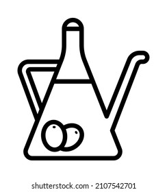 Olive products flat line icon. Fresh tree fetuses and olive oil in bottles and jugs. Outline sign for mobile concept and web design, store.