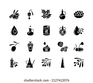 Olive products flat line icons set. Fresh tree fetuses and olive oil in bottles and jugs. Simple flat vector illustration for web site or mobile app