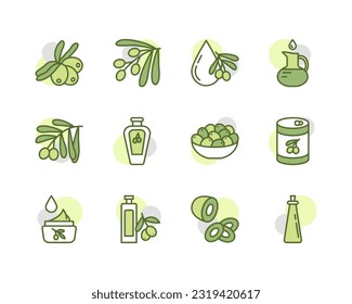 Olive products flat line icons set. Fresh tree fetuses and olive oil in bottles and jugs. Simple flat vector illustration for web site or mobile app