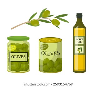 Olive products set. Branch with fresh olives, glass jar, tin can and bottle of premium olive oil. Mediterranean cuisine, food, agriculture, healthy eating themes. Flat vector illustrations set.