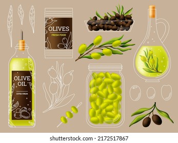 Olive products and tree branches. Oil and ripe olives, cooking greek raw. Mediterranean food elements, green doodle branch and bottle swanky vector set