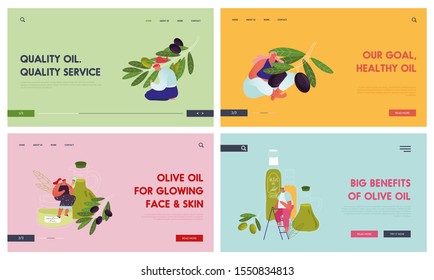 Olive Products Website Landing Page Set. People Growing Caring Harvesting Olive Trees for Production Pure Virgin Oil and Cosmetics. Eco Healthy Food Web Page Banner. Cartoon Flat Vector Illustration
