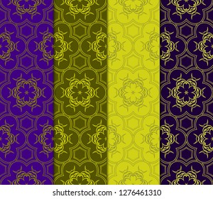 Olive, purple color set of Geometric Pattern In Lace Style. Ethnic Ornament. Vector Illustration. For Modern Interior Design, Fashion Textile Print, Wallpaper.