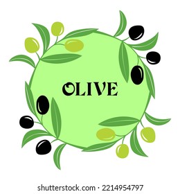 Marco redondo de olivo. Aceitunas negras y verdes en una rama. Ilustración de vector de olivo