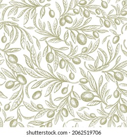 Olive Rustic Seamless Pattern. Vector Vintage Hand Drawn Texture Branch, Green Fruit, Graphic Leaves On White Background. Organic Farm Oil