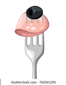 Olive and salami slice on a steel fork. Vector illustration isolated on white. Website page and mobile app design